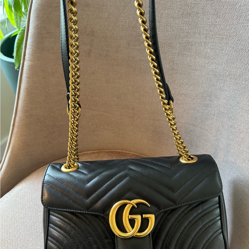 Gucci Black and Gold Chevron Quilted Shoulder Bag